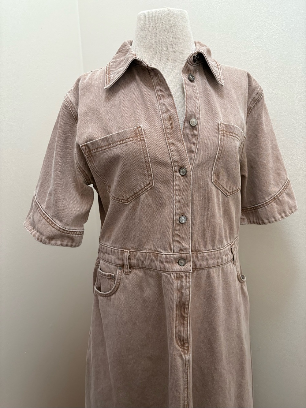 ALIGNE Tan Mateo Asymmetrical Utility Denim Midi Dress Size 12 Large Lagenlook - Picture 15 of 16
